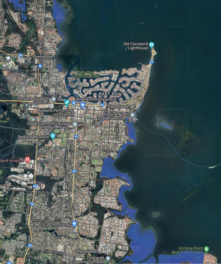 [Sea-level projection for 2030 under the intermediate (RCP4.5) concentration scenario inundating remaining mangrove forests of Ramsar site, Moreton Bay. Source: CoastAdapt. Map: Coastal Risk Australia]